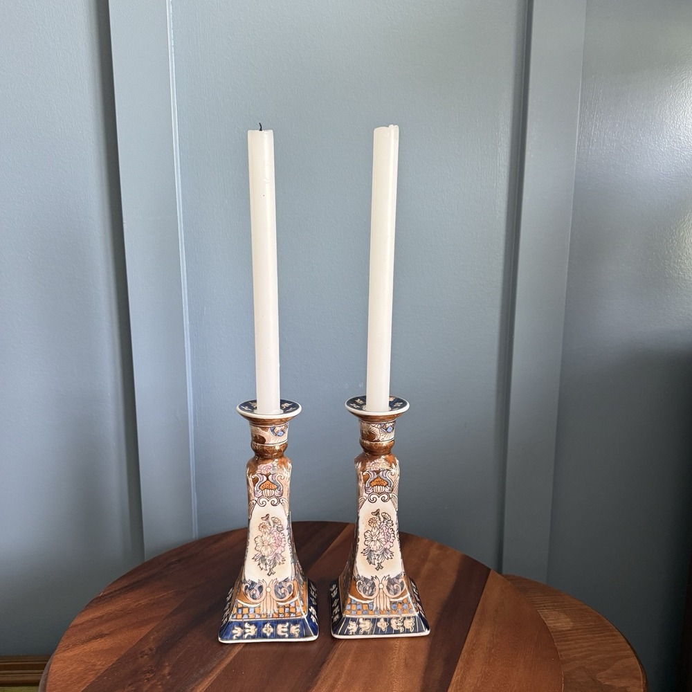 Vintage Pair Asian Imari Style Porcelain Candlesticks Blue Gold Floral 9" Tall - Picture 3 of 11